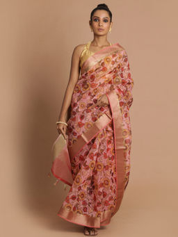 Indethnic - Banarasi Pink Printed Party Wear Saree With Unstitched Blouse