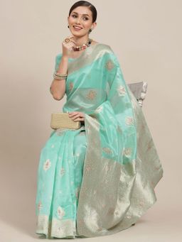 Sareemall - Women Silk Blend Sea Green Designer Saree with Unstitched Blouse