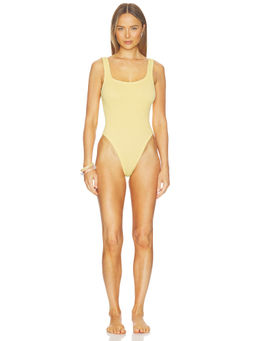 Hunza G - Square Neck Womens Crinkle Stretch Low Back One-Piece Swimsuit Yellow