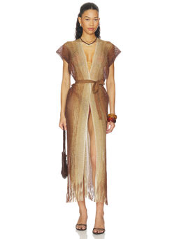 Luli Fama - Sunshine Addict Womens Sheer Metallic Fringe Kaftan Multi-Color