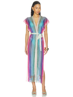 Luli Fama - Sunshine Addict Womens Sheer Metallic Fringe Kaftan Multi-Color