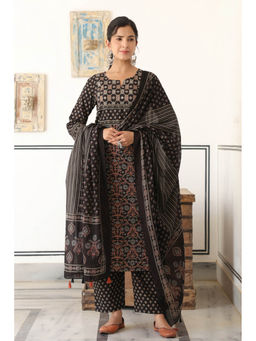 PIROH - Women's Cotton Printed Straight Kurta with Pant & Dupatta Black (Set of 3)