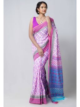 Unnati Silks - Pink Pure Mangalgiri Hand Block Printed Cotton Saree with Unstitched Blouse