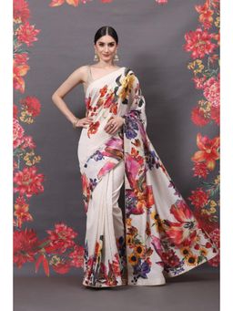 Biba - Rohit Bal Off White Printed Silk Chanderi Saree with Unstitched Blouse