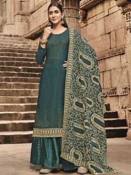 Odette - Teal Green Unstitched Embellished Dress Material With Embroidered Dupatta (Set of 3)