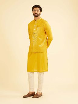 Manyavar - Mustard Yellow Regal Kurta with Jacket, Pocket Square, Brooch & Pyjama For Men
