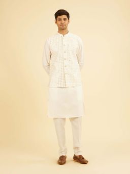 Manyavar - Warm Off White Kurta with Jacket, Pocket Square & Churidar For Men