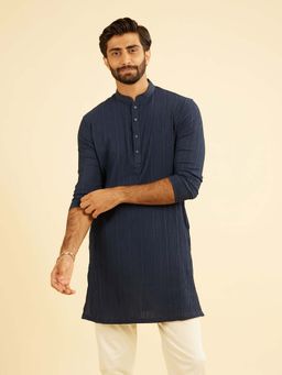 Manyavar - Dazzling Dark-Blue Spandex Mid-Length Kurta For Men