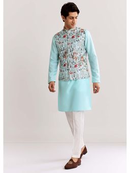 KALKI FASHION - Sky Blue Jacquard Kurta & Jacket with Pyjama