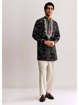KALKI FASHION - Black Silk Kurta & Pyjama With Bandhani Print