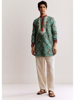 KALKI FASHION - Green Silk Short Kurta & Pyjama With Bandhani Print