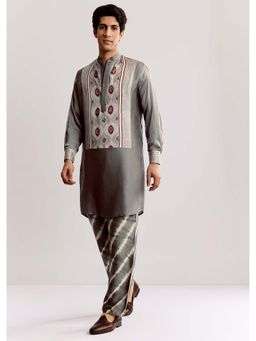 KALKI FASHION - Grey Ajrakh Printed Silk Kurta & Pyjama In Silk