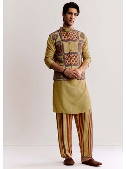 KALKI FASHION - Mustard Linen Kurta & Jacket with Pyjama With Ajrakh Print