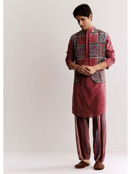 KALKI FASHION - Red Linen Kurta & Jacket with Pyjama With Ajrakh Print