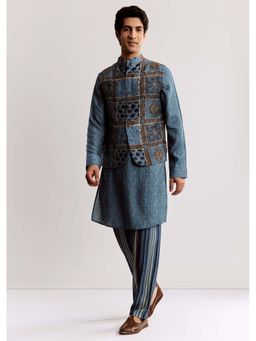 KALKI FASHION - Blue Linen Kurta & Jacket with Pyjama With Ajrakh Print