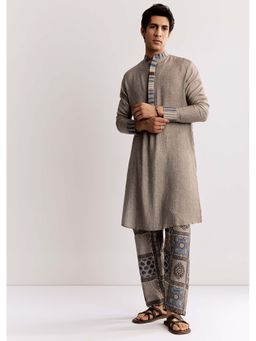 KALKI FASHION - Grey Linen Kurta & Pyjama With Ajrakh Print