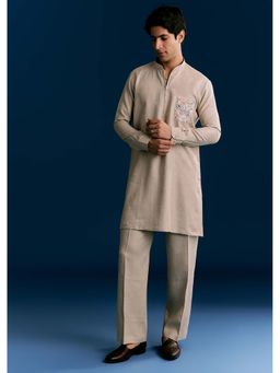 KALKI FASHION - Beige Linen Kurta & Pyjama With Embroidery