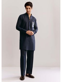 KALKI FASHION - Blue Linen Kurta & Pyjama With Embroidery