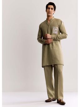 KALKI FASHION - Olive Linen Kurta & Pyjama With Embroidery