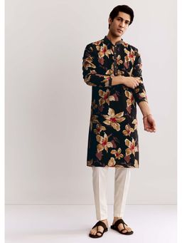 KALKI FASHION - Black Silk Kurta & Pyjama With Floral Print
