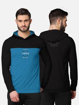 BULLMER - Colorblock Full Sleeve Hooded T-shirt For Men Black And Blue