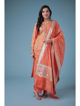 Zari Jaipur - Silk Blend Orange Kurta with Pant and Dupatta (Set of 3)