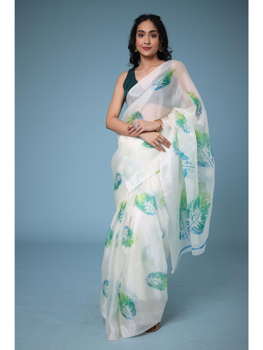 White Print Saree with Unstitched Blouse