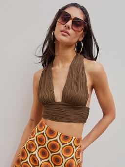 Cider - Olive Textured Back Cross Crop Halter Top