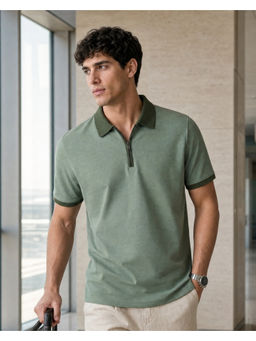 Nobero - Men Green Coastline Zip Polo T-Shirt