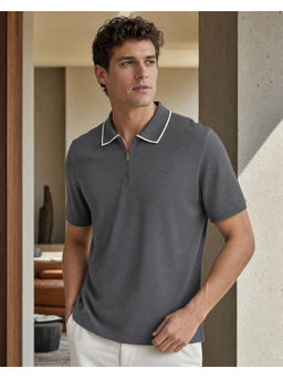 Nobero - Men Grey Collar Neck Polo T-Shirt