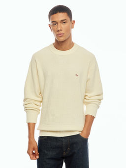 Calvin Klein - Cream Textured Relaxed Fit Cotton Sweater