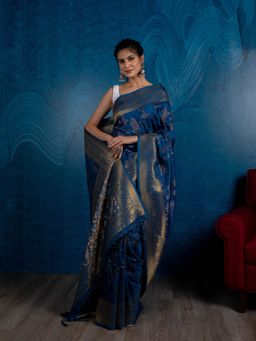 Beatitude - Blue Gold-Toned Floral Silk Blend Banarasi Saree with Unstitched Blouse