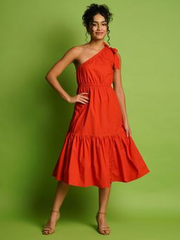 Globus - Women Orange One Shoulder Fit and Flare Midi Dress
