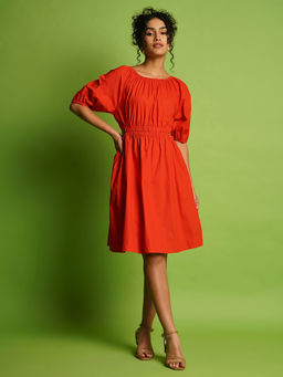 Globus - Women Red Puff Sleeves Waist Knee Length Dress
