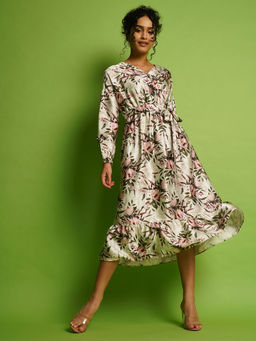 Globus - Women Multi White Tropical Print Bishop Sleeves Fit & Flare Midi Workwear Dress With Belt