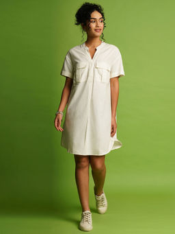 Globus - Women Off White Mandarin Collar Shirt Style Dress