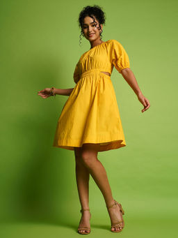 Globus - Women Yellow Puff Sleeves Waist Knee Length Dress