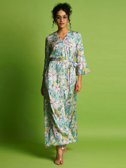 Globus - Women Multi Bell Sleeves Floral Printed Front Slit A-Line Maxi Workwear Dress With Belt