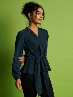 Globus - Women Teal V-Neck Bishop Sleeve Crepe Tie-Up Style Workwear Peplum Top