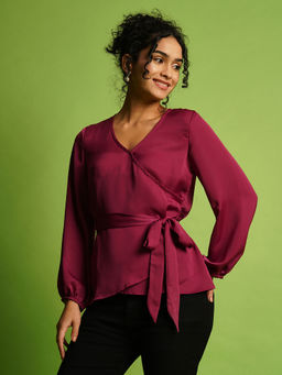 Globus - Women Purple Solid V-Wrap Neck Bishop Sleeve Waist Tie-Up Satin Workwear Top
