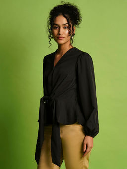 Globus - Women Black V-Neck Bishop Sleeve Crepe Tie-Up Style Workwear Peplum Top