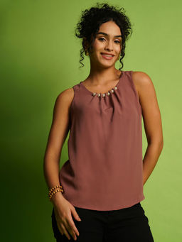 Globus - Women Pink Solid Round Pearl Detailing Neck Satin Workwear Top