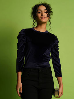 Globus - Women Navy Blue Solid Velvet Round Neck Puff Sleeve Party Top