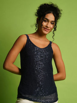 Globus - Women Navy Blue Embellished Strappy Sleeve Sequined Striped Top