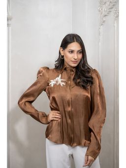 Label Swish - Bloom Brown Satin Floral Embellished Shirt