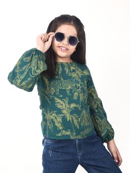 CRIMSOUNE CLUB - Girls Green Printed 100% Cotton Top