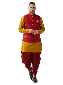 Vastramay - Men's Mustard And Maroon Silk Blend Jacket, Kurta And Dhoti Set (Set of 3)