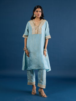 Gajra Gang - Blue Tissue Embellished Kurta & Pant Diwalicious (Set of 2)