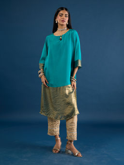 Gajra Gang - Teal Chinon Color Block Kaftan Kurta Diwalicious