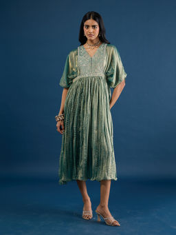 Gajra Gang - Teal Green Embroidered Kaftan Dress In Crush Tissue with Slip Nani's Almari